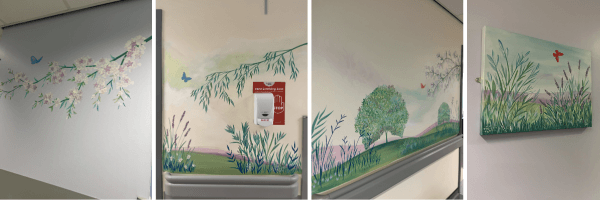 collage of the murals in the nightingale macmillan unit which feature lavender, trees, blossom and butterflies.