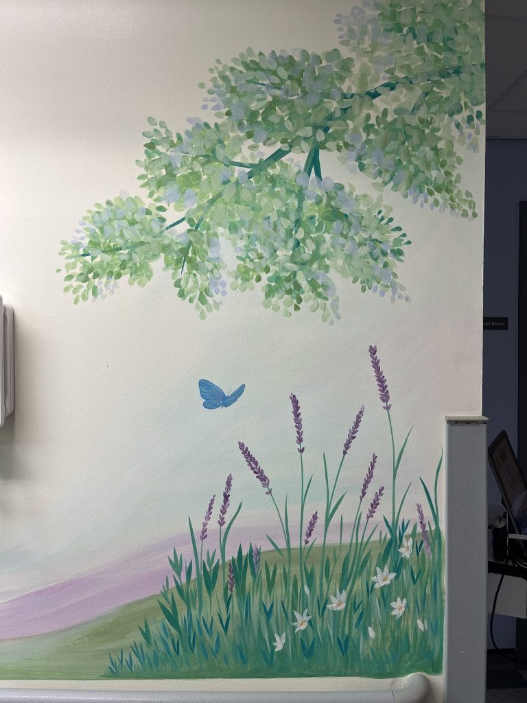 mural on the nightingale macmillan unit featuring lavender, tree and butterfly